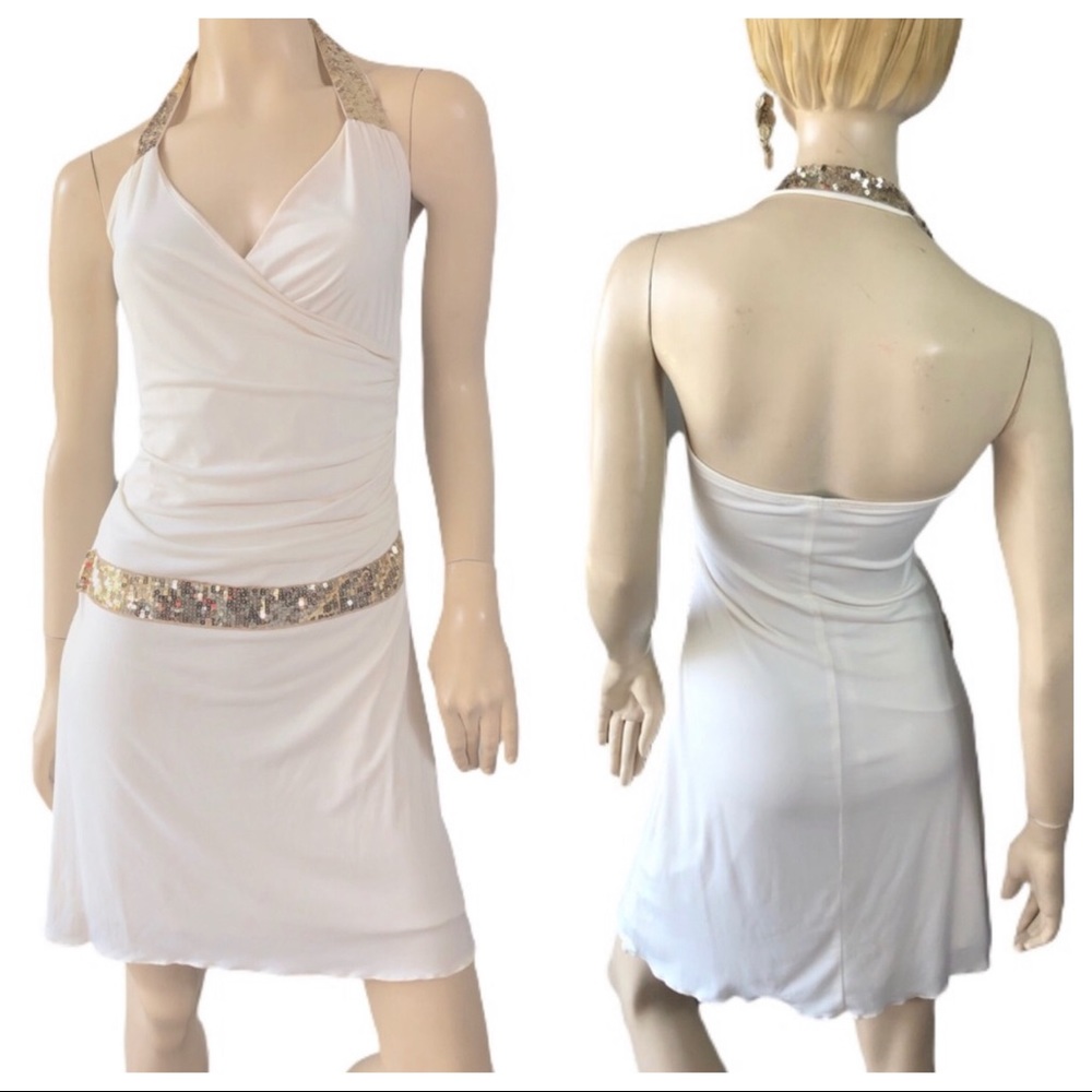 RAMPAGE GRECIAN GOLD HALTER WRAP SEQUIN DRESS